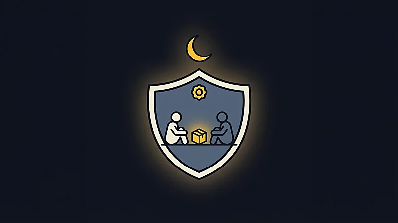 Illustration&nbsp;: un bouclier protège deux personnes assises autour d’un coffret doré, sous un croissant de lune