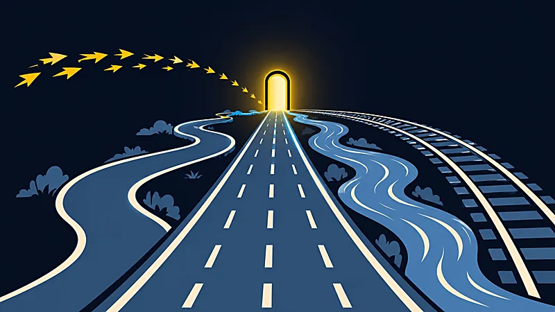 Illustration&nbsp;: cinq chemins — route, autoroute, rivière et voie ferrée — convergent vers une même porte lumineuse