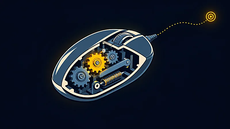 Illustration en coupe&nbsp;: l’intérieur d’une souris d’ordinateur révèle ses engrenages, l’un doré, une trajectoire pointant vers une cible