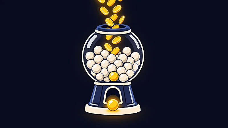 Illustration&nbsp;: une machine à billes reçoit une pluie de pièces dorées et ne rend qu’une seule bille dorée