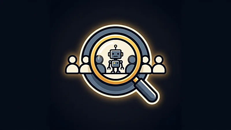 Illustration&nbsp;: une loupe dorée révèle un robot dissimulé parmi des silhouettes humaines