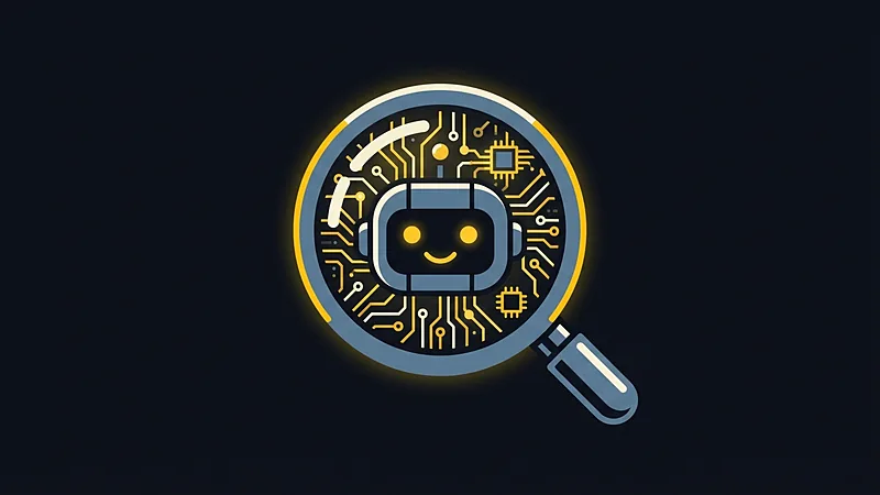 Couverture&nbsp;: une loupe dorée révèle un petit robot souriant au cœur d’un circuit imprimé