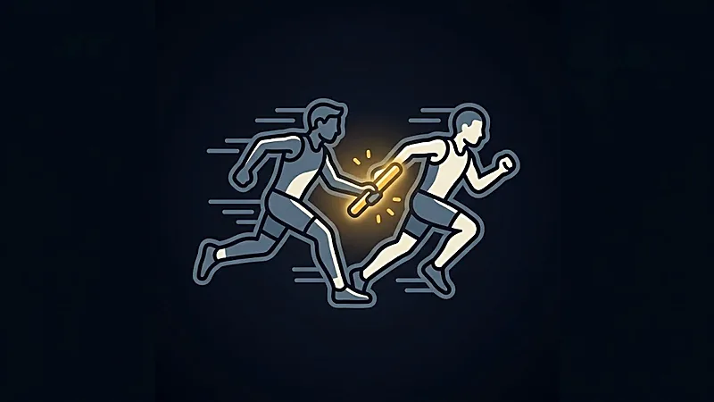 Illustration&nbsp;: deux coureurs se passent un relais doré en pleine course, quelques étincelles au passage