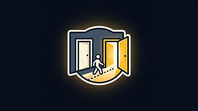 Illustration&nbsp;: une silhouette crème quitte une porte sombre pour rejoindre une porte dorée ouverte
