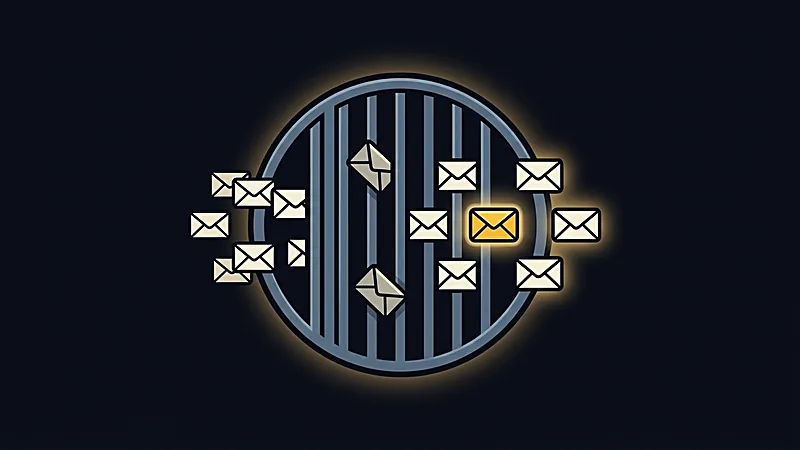 Illustration&nbsp;: des enveloppes traversent une grille ronde, l’une est dorée, deux restent coincées entre les barreaux