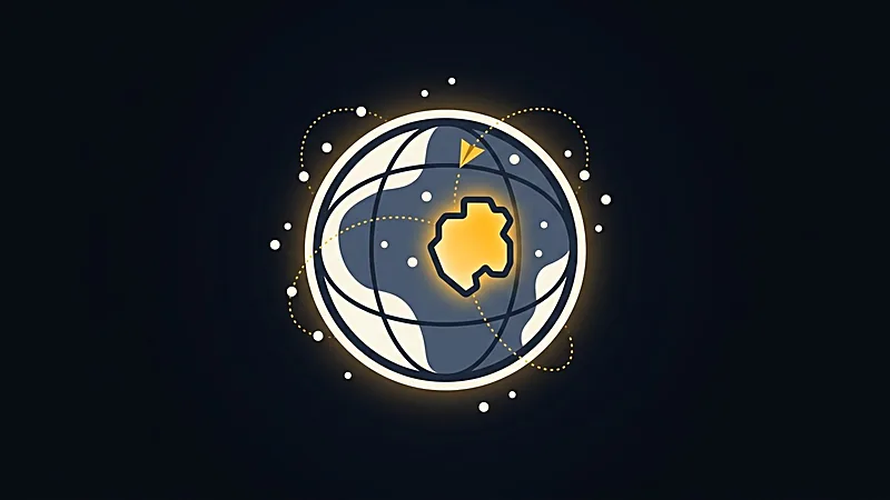 Illustration&nbsp;: un globe stylisé où un pays hexagonal brille en doré, relié par des arcs pointillés à des points crème