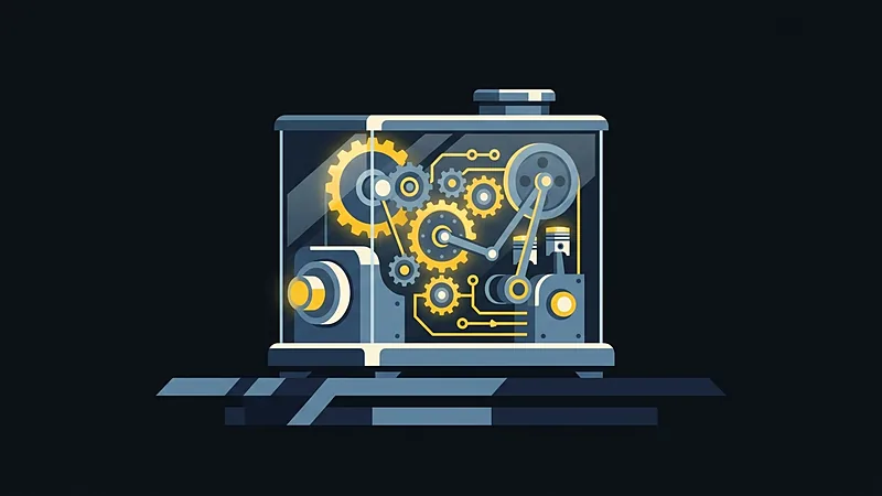 Couverture&nbsp;: la machine à clics en coupe, engrenages et pistons dorés derrière la vitre
