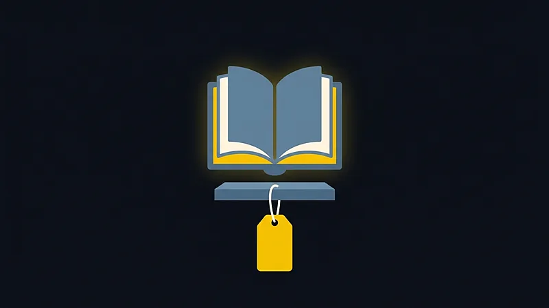 Couverture&nbsp;: un livre ouvert posé sur une étagère, une étiquette de prix jaune suspendue